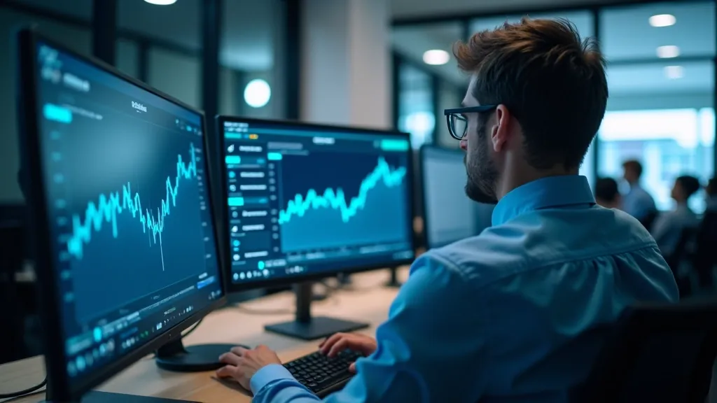 Analitik sledující grafy a metriky FinTech trhu na počítači, moderní kancelář s více monitory