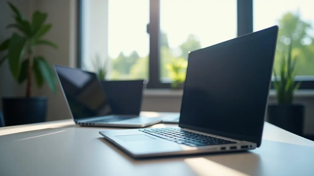 Různé bezpečné notebooky — ThinkPad, MacBook a Dell Latitude na pracovním stole